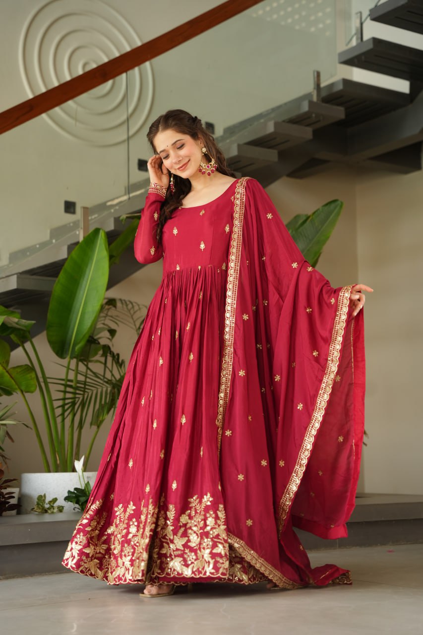 Elegant Wine Color Anarkali Dress with Designer Dupatta