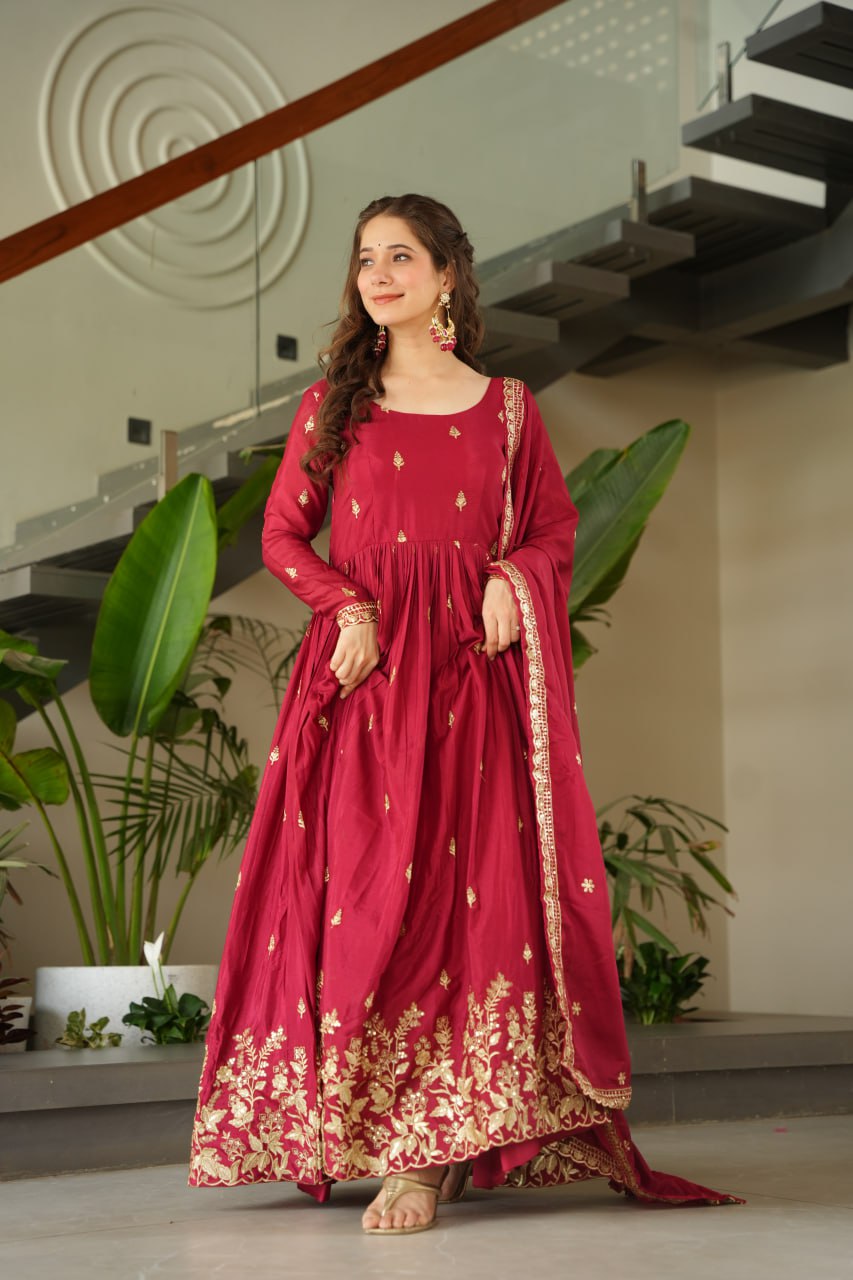 Elegant Wine Color Anarkali Dress with Designer Dupatta