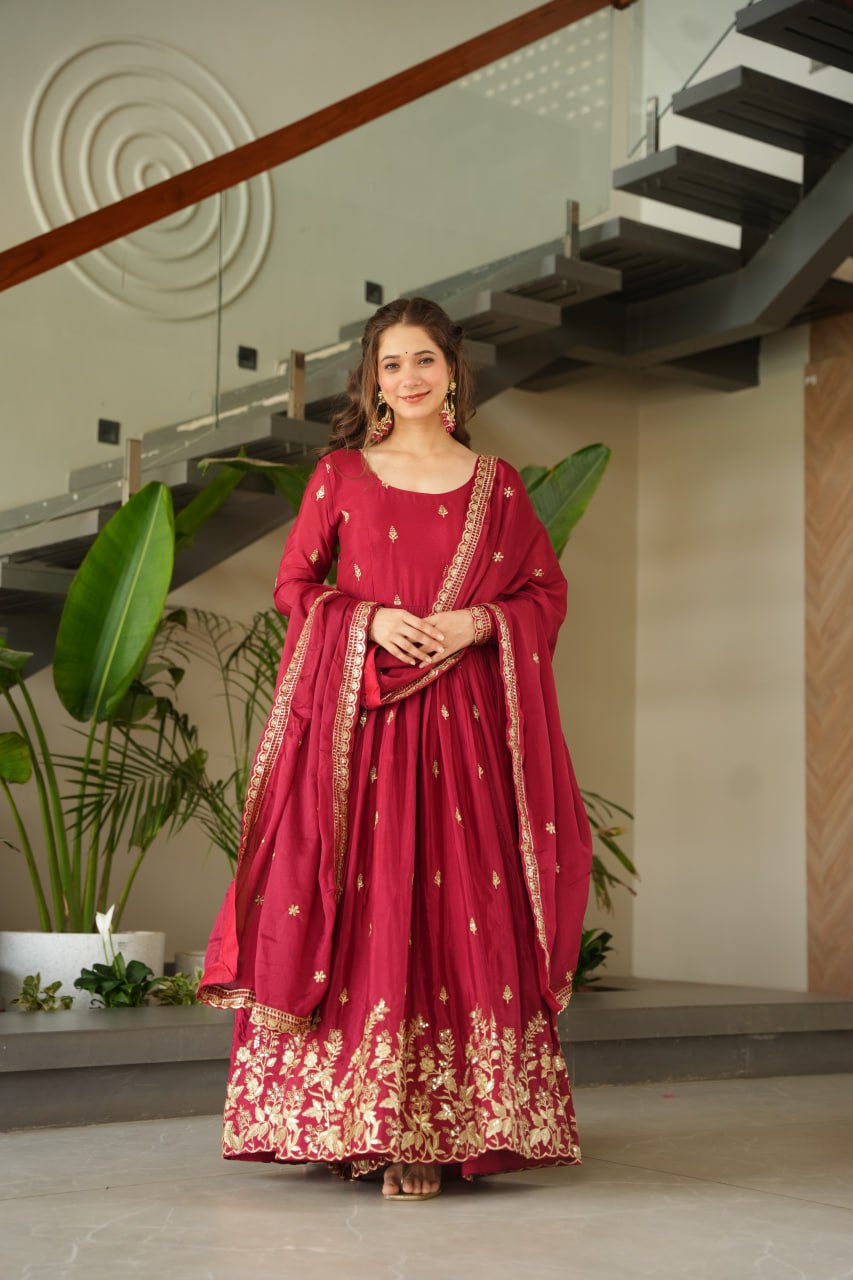 Elegant Wine Color Anarkali Dress with Designer Dupatta