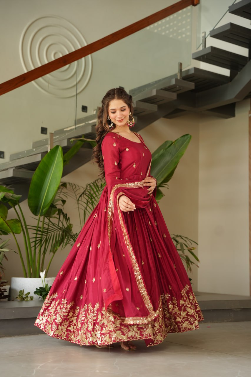 Elegant Wine Color Anarkali Dress with Designer Dupatta
