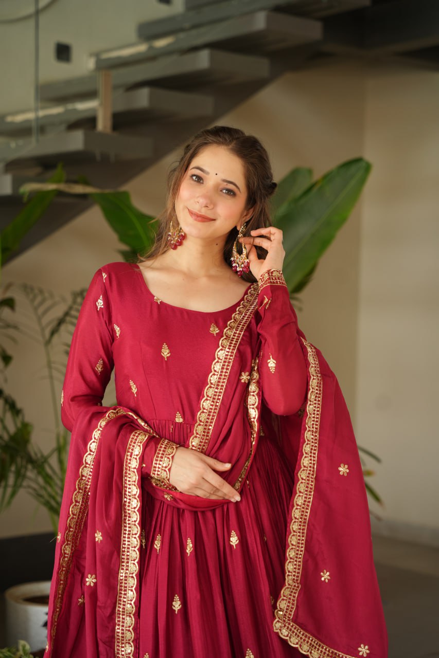 Elegant Wine Color Anarkali Dress with Designer Dupatta