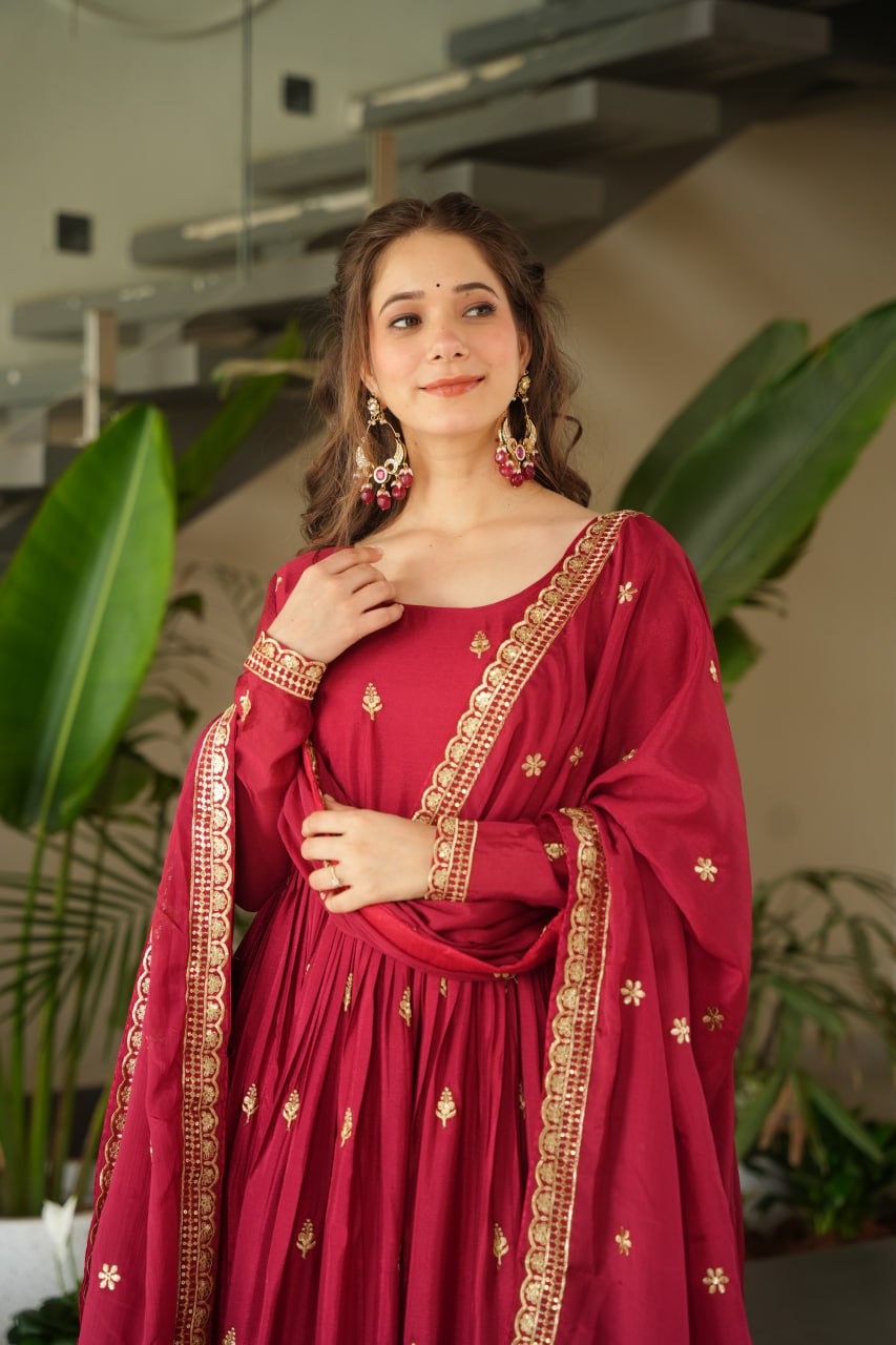 Elegant Wine Color Anarkali Dress with Designer Dupatta